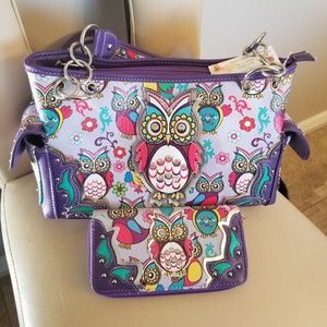 Owl conceal carry, purple handbag and wallet set